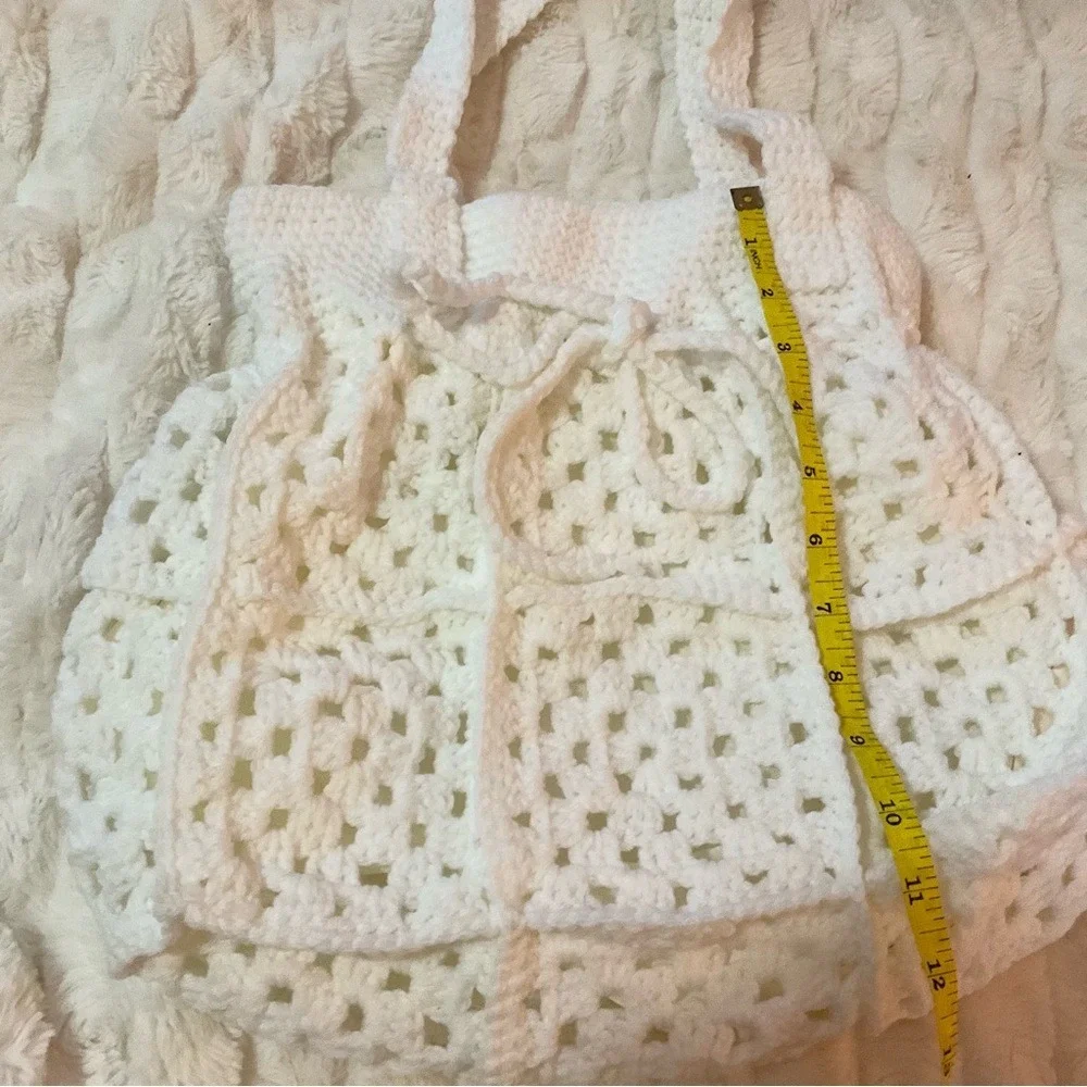 Handmade White Crochet Granny Square Tote Bag Lined Boho Drawstring Shoulder Bag